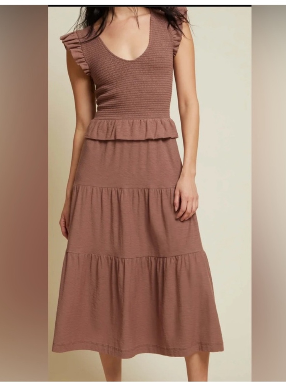 Nation LTD Ruffle-Sleeve Midi Dress Mojave Brown XS